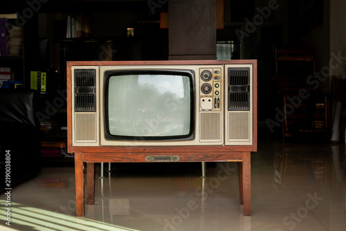 Old-fashioned retro-style television with a blank screen stands in a living room at home. Front view