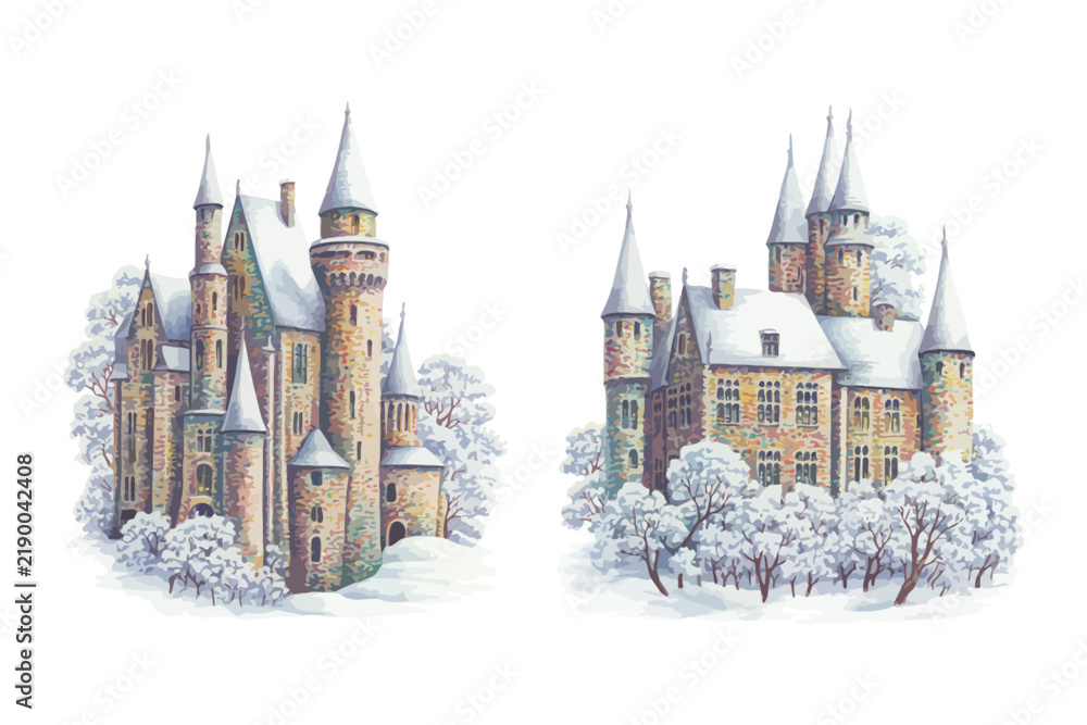 Obraz premium European Winter Snow Castle, Whimsical Watercolor Fairy Tale Architecture, Vector Illustration Isolated on White Background
