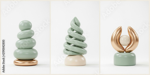 Three abstract sculptures featuring sage green and gold geometric shapes on white background