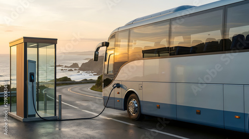 Electric tour bus charging at a station overlooking a coastal road