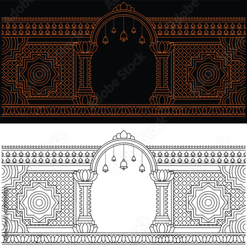 Indian Wedding Invitation Border with Sacred Temple Pillars and Arch