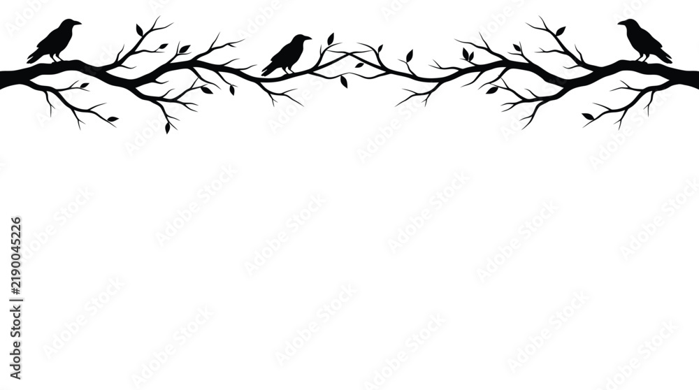 Fototapeta premium Halloween Decorative Top Border – Gothic raven silhouette on tree branches. Black crow bird border vector. Spooky nature frame for Halloween decor. isolated on White Background editable eps