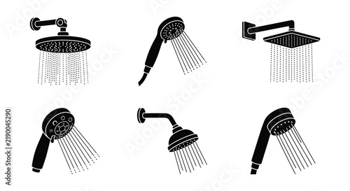 Black silhouette illustrations of various shower heads on a white background