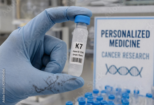 Obraz na płótnie Gloved hand holds a labeled vial with coded sample identifier