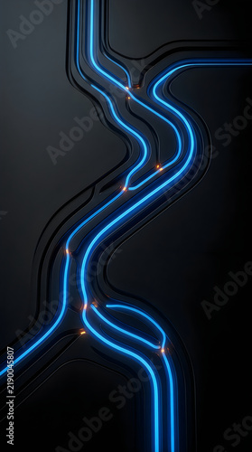 Abstract glowing blue neon light lines forming a complex winding path on a dark black background