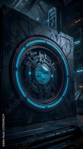 Futuristic circular portal with glowing neon blue rings and metallic dark mechanical tech background