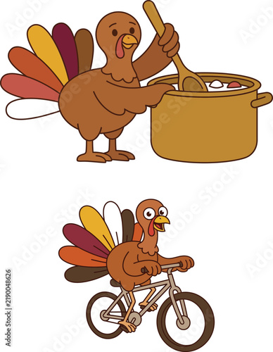Funny cartoon turkey characters cooking in a large pot and riding a bicycle on white background