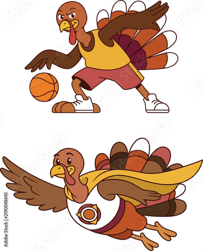 Cartoon illustration of a funny turkey playing basketball and flying in sports attire on white background