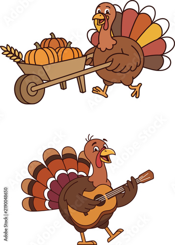 Cute cartoon turkeys celebrating thanksgiving with one pushing a wheelbarrow of pumpkins and another playing guitar