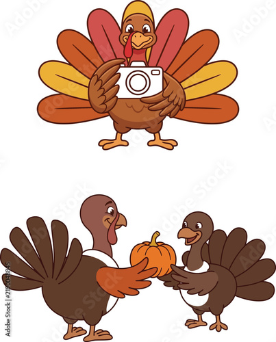 Cute cartoon turkey characters celebrating thanksgiving with one taking a photo and others sharing a pumpkin