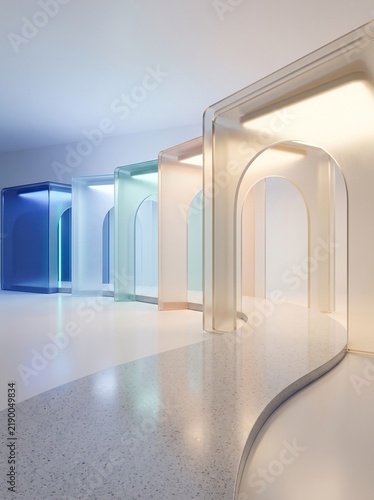 Minimalist glass archway corridor, colorful translucent frosted glass structures, modern architectural interior with soft lighting