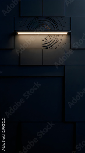 Minimalist circular line art design with glowing light bar on a dark black and grey textured background
