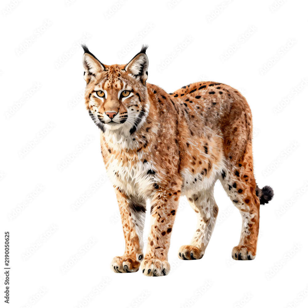 Obraz premium Lynx standing alertly on a white background, facing the viewer