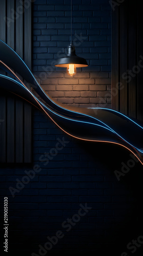 A glowing pendant lamp hanging against a rustic brick wall in a dark room with smooth wavy blue lines