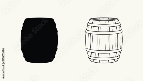 Wooden barrel stencil comparison displays a solid black silhouette and detailed line drawing version of pub kegs.
