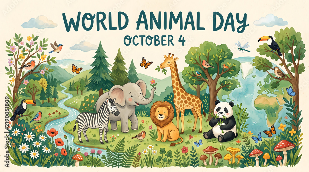 Fototapeta premium World animal day banner featuring cute watercolor safari animals like elephant giraffe zebra and lion in a lush forest landscape with river to celebrate nature.