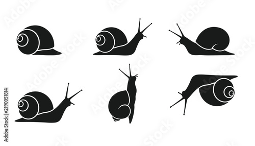 Snail crawling silhouettes collection shows six snails moving in different directions and climbing angles on white.
