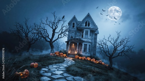 Spooky haunted house with glowing jack o lanterns on stone path under full moon for halloween decor.