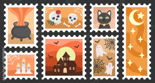 Halloween Stamp Collection with Witch Cauldron Skull Black Cat Haunted House Ghost Candle and Moon 