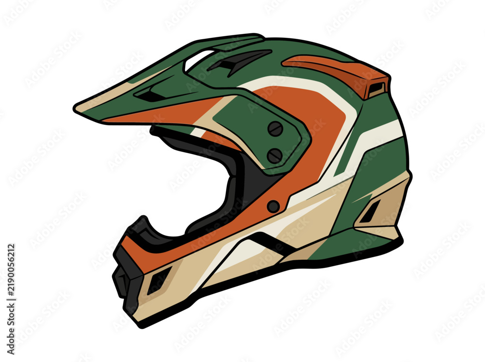 Obraz premium Vector Illustration of a Green and Orange Motocross Helmet Isolated on White Background Side View