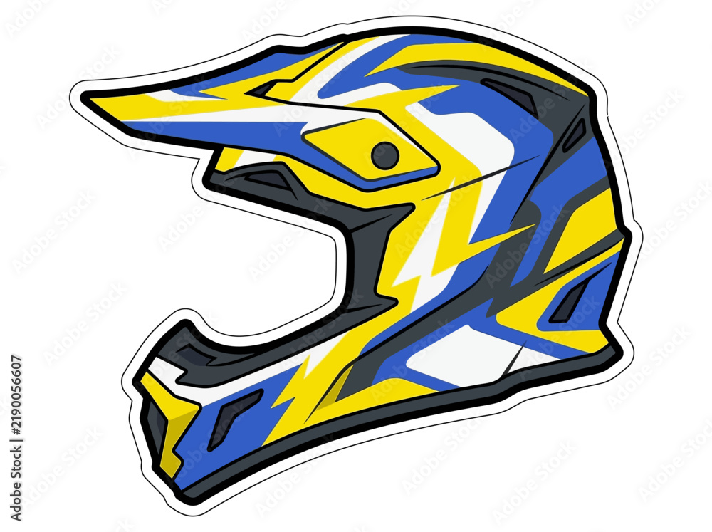 Fototapeta premium Colorful motocross helmet vector sticker illustration with blue and yellow graphic patterns on white background