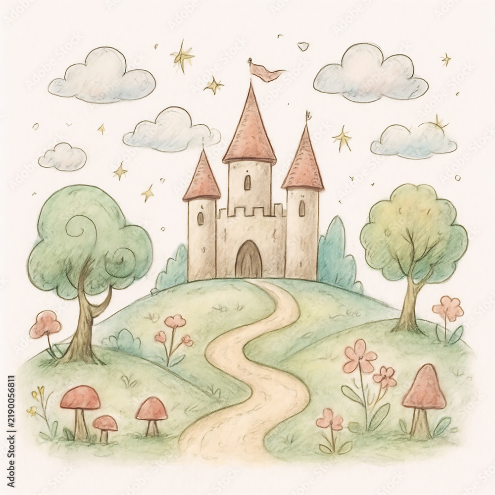 Fototapeta premium Aesthetic Watercolor Fairytale Castle Illustration