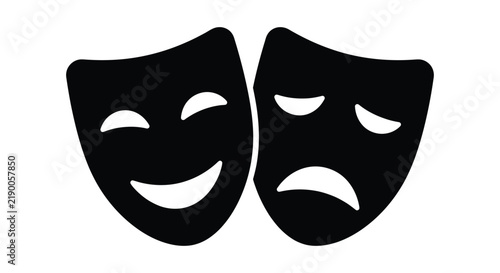 Black and white silhouette of comedy and tragedy theatrical masks against a white background