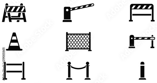 Fotografie Barrier and Obstruction Icon Set Featuring Traffic Control and Safety Equipment