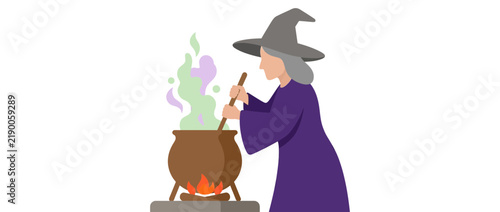Картината върху платно Cartoon Witch Cooking Magic Potion in Cauldron