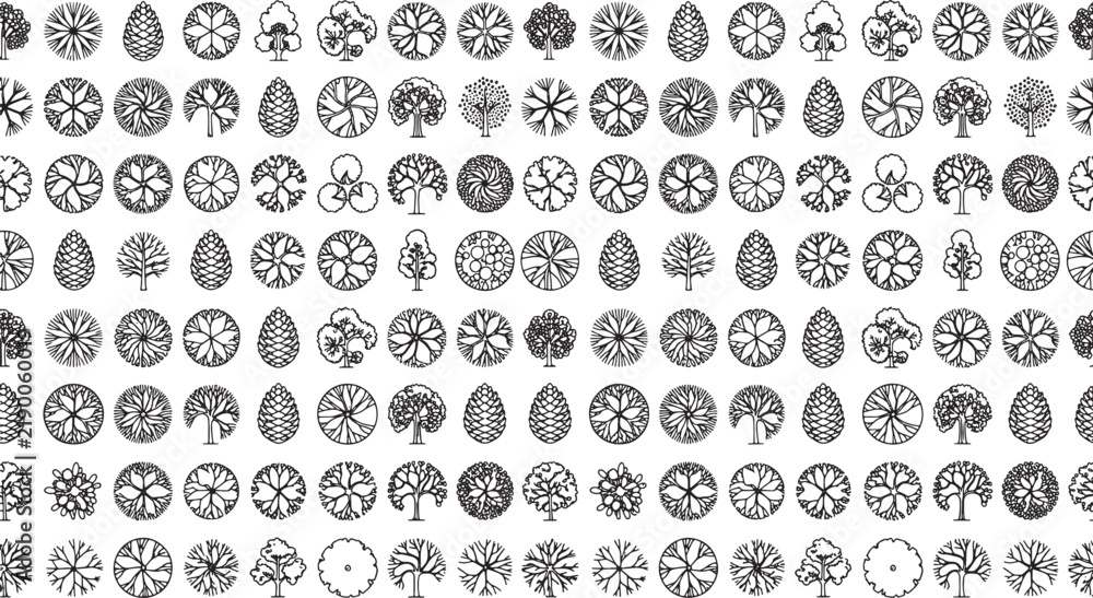 Fototapeta premium Architectural landscape plan tree symbols set in top view line art vector pattern for site planning layout