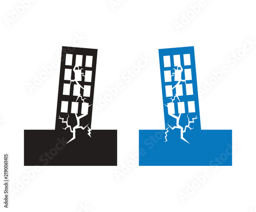 Earthquake Building Collapse Icon with Ground Crack and Seismic Shock Waves.