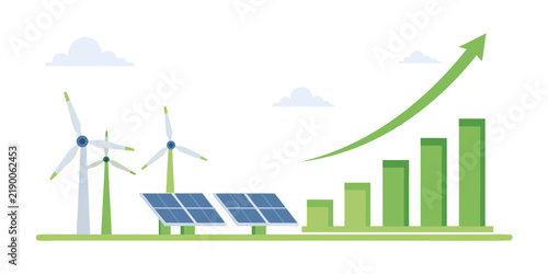 Wind turbines and solar panels illustrate renewable energy growth on a white background