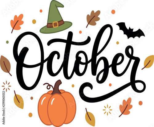 October Halloween Pumpkin Witch Hat Autumn Typography Design