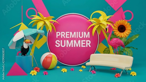 Woman in swimsuit holding beach ball in tropical poolside setting with copy space