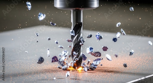 A heavy-duty industrial drill bit pierces through a thick steel plate, creating metallic chips and fine dust in a loud factory setting, iron, close-up, tool