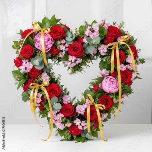 A romantic heart-shaped arrangement crafted from fresh red roses, delicate pink blossoms, green foliage, and elegant gold ribbon details, heart, flowers, bouquet