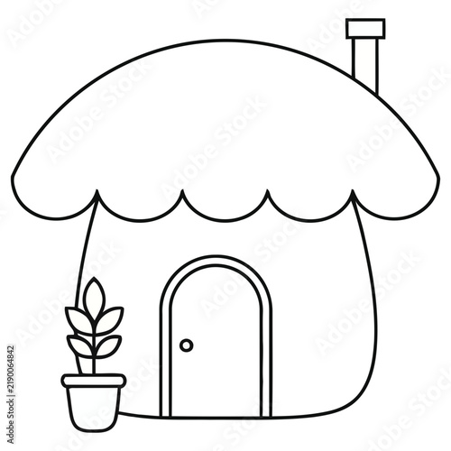 Simple illustration of a house with a chimney and potted plant