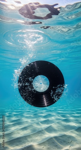 A vintage black vinyl record floats gracefully in clear blue water, sunbeams piercing through the surface onto sandy textures and bubbles, music, underwater, disc