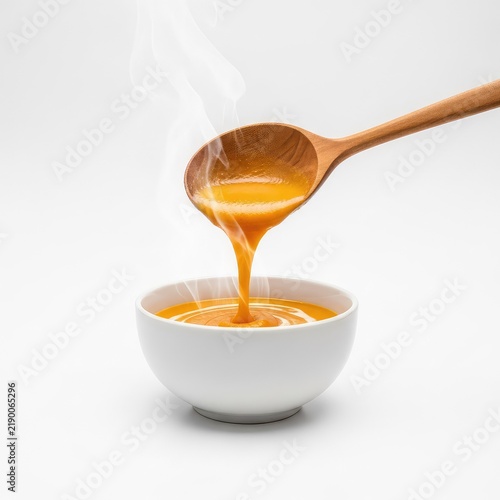 A wooden spoon is pouring thick, creamy vegetable soup into a clean white ceramic bowl, set against a plain white background, isolated, wooden, gold, isolated