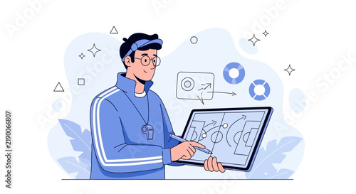 Sports Coach Analyzing Strategy on Tablet, Digital Illustration