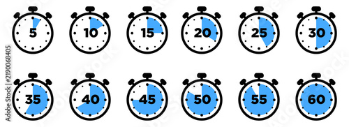фотографія Collection of stopwatch showing time intervals from 5 to 60 minutes in 5 minute