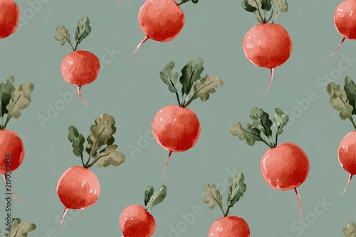 Stylized Radish Wallpaper Pattern, Muted Terracotta and Sage Gouache Vegetables for Kitchen and Nursery Textile