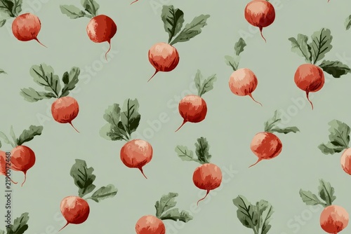 Stylized Radish Wallpaper Pattern, Muted Terracotta and Sage Gouache Vegetables for Kitchen and Nursery Textile