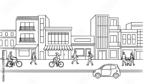 Modern City Street Line Art with Walking People Bicycle and Car