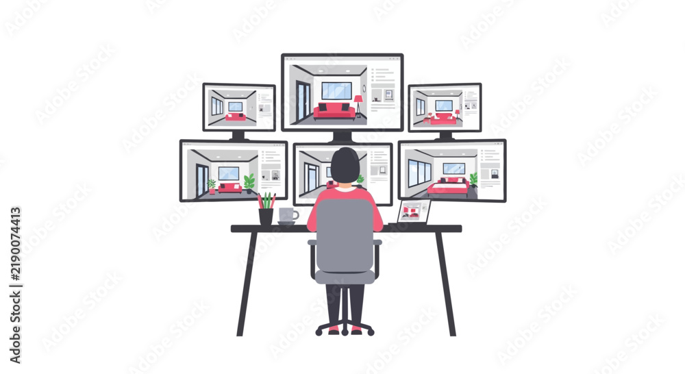 Obraz premium Professional Multi-Monitor Workstation Illustration for Real Estate Agent or Interior Designer