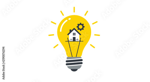 Smart Home Concept Icon with House and Gear Inside Glowing Light Bulb - Vector Illustration for Innovation, Real Estate, and Energy Efficiency