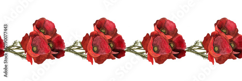 Seamless watercolor poppy border on white.