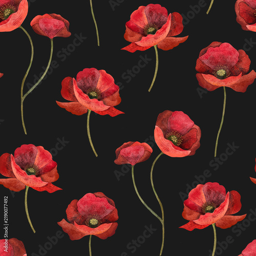 Watercolor seamless pattern of red poppies on black.