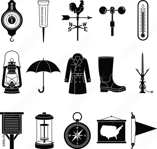 Foto Vintage Weather Station Forecast Silhouette Icons Set with Thermometer Weatherco