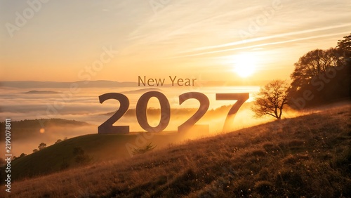 Large 2027 numbers standing on a grassy hill during a golden sunrise with fog